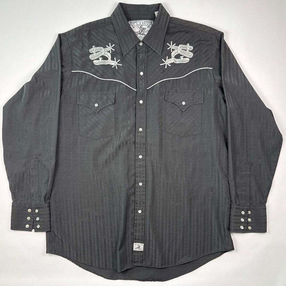 Ely 1878 Western Pearl Snap Shirt Large Black Embroidered Cowboy